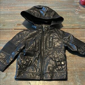 Black Faux Leather Hooded Jacket